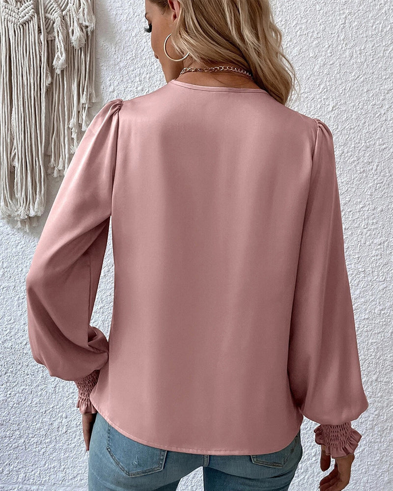 V-neck balloon sleeve elegant solid color blouse