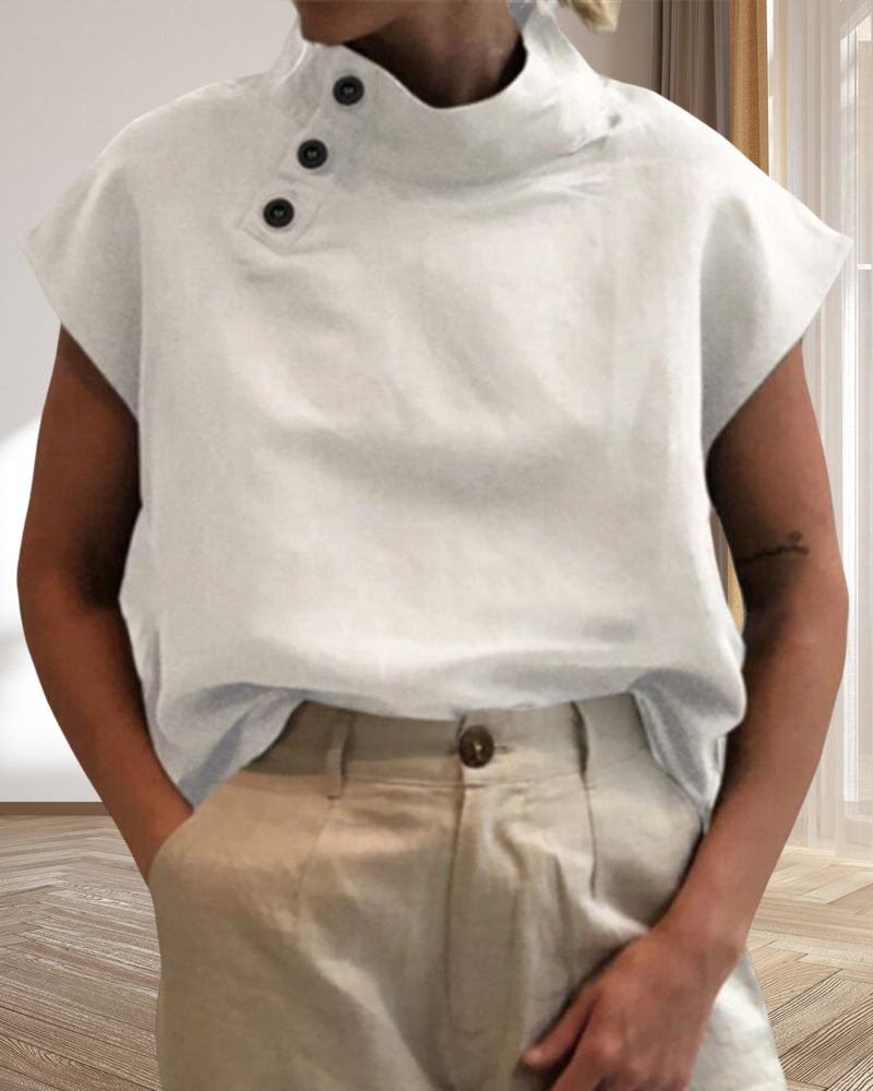 Cotton & Linen Button stand collar top