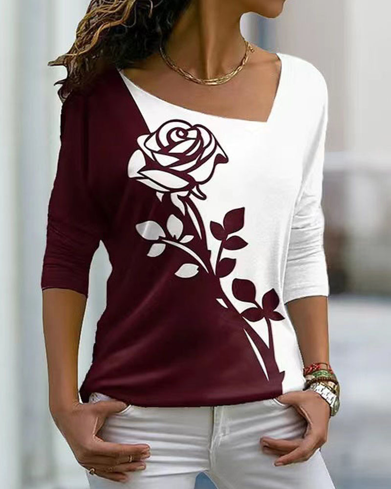 Rose Print Long Sleeve Top