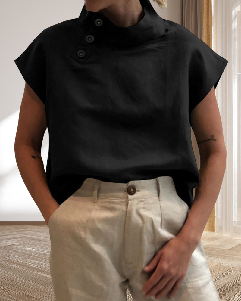Cotton & Linen Button stand collar top