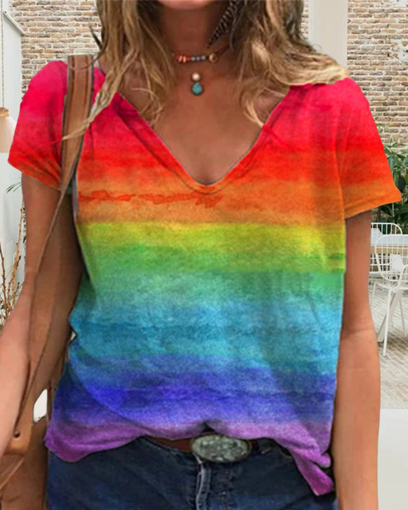 Casual v-neck rainbow print short-sleeved t-shirt