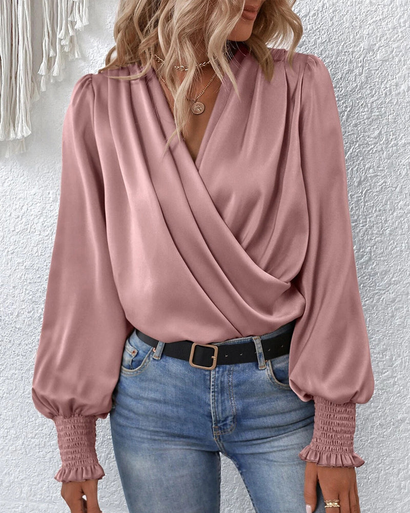 V-neck balloon sleeve elegant solid color blouse
