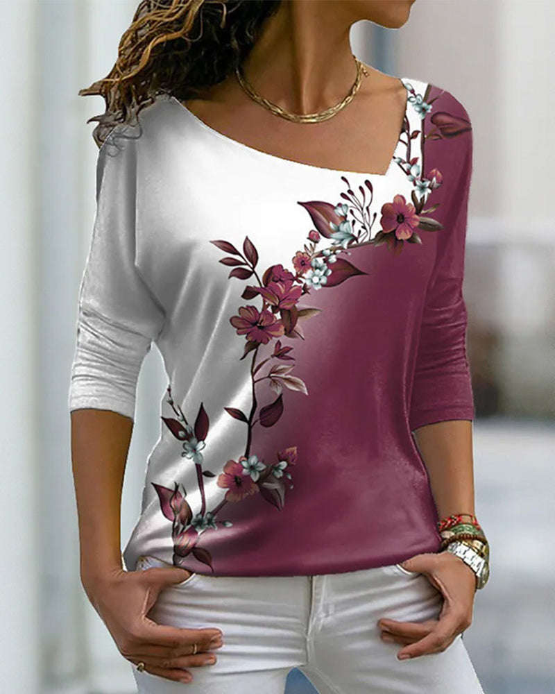 Floral Print V-neck Long Sleeved Top
