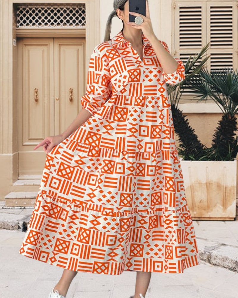 Geometric print lapel dress