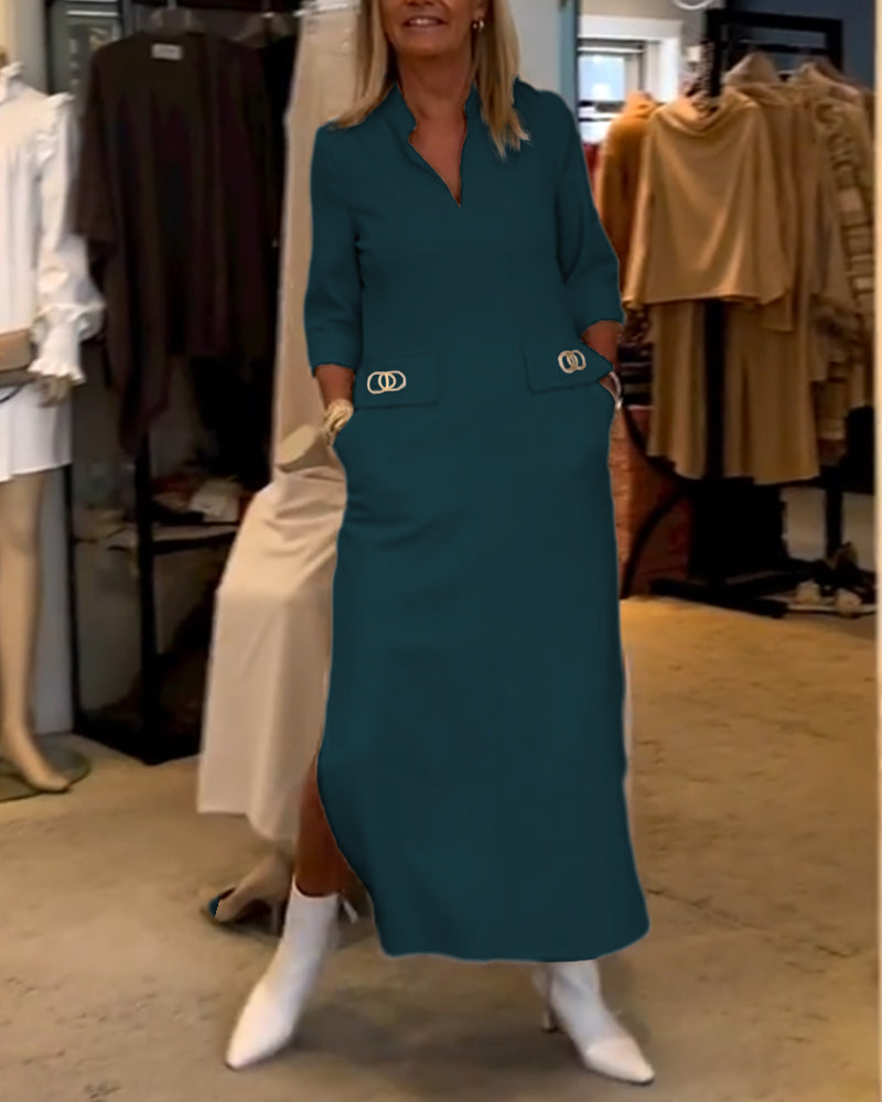 Solid color 3/4 sleeve slit dress