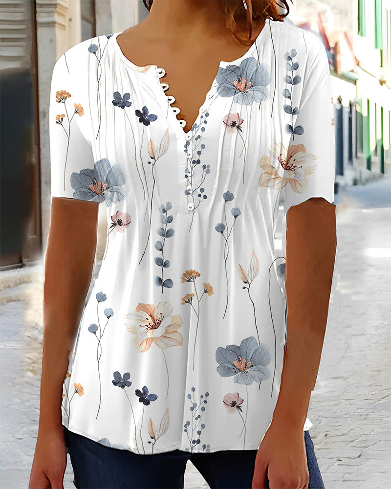 V Neck Button Print Short Sleeve Blouse