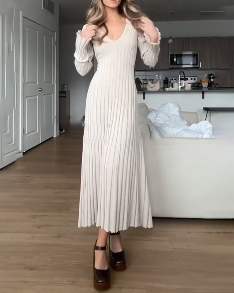 V-neck rib solid color dress