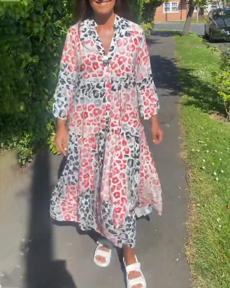 V-neck printed ruffle casual dress