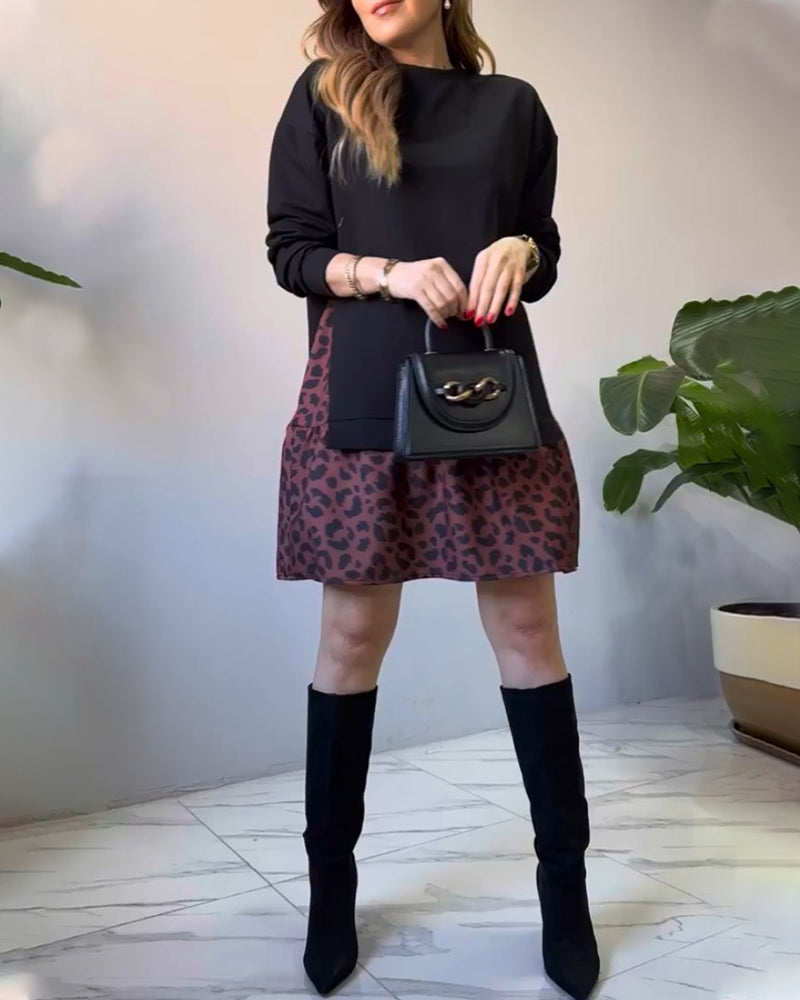 Patchwork leopard print casual dress