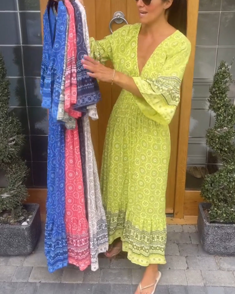 Deep V Flare Sleeve Long Dress