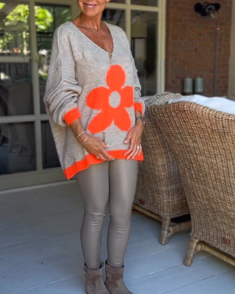 Floral pattern v-neck sweater