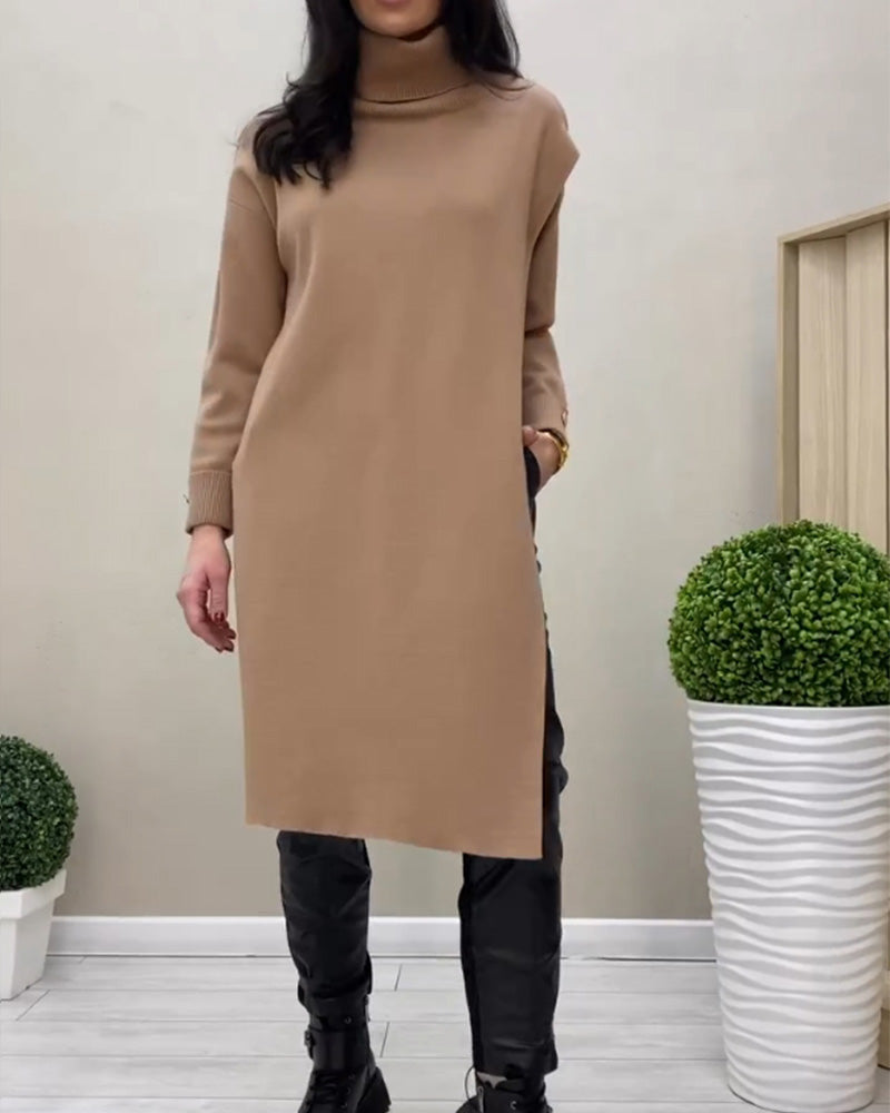Side slit turtleneck sweater dress
