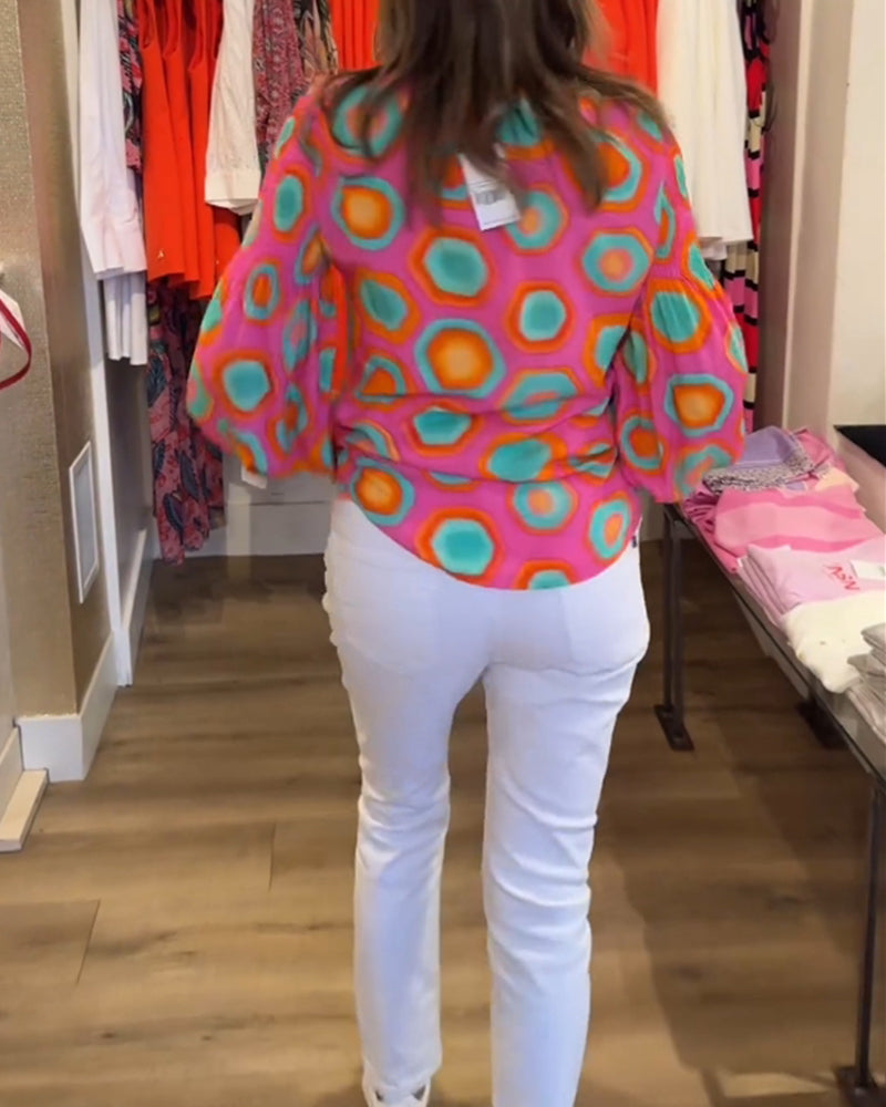 Geometric print long sleeve casual blouse