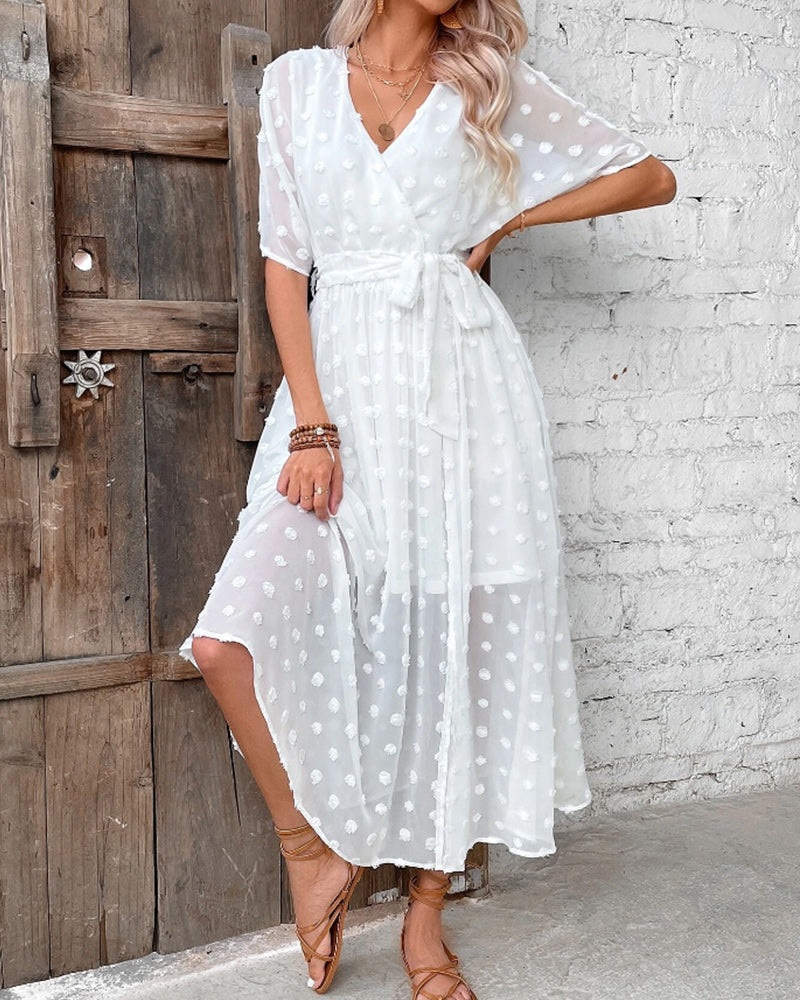 Solid color v neck elegant dress