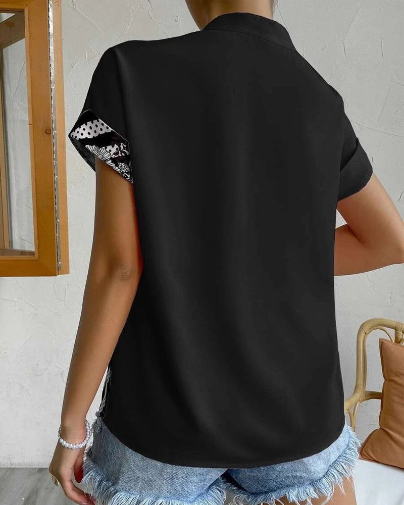 Paneled floral print button short sleeve blouse