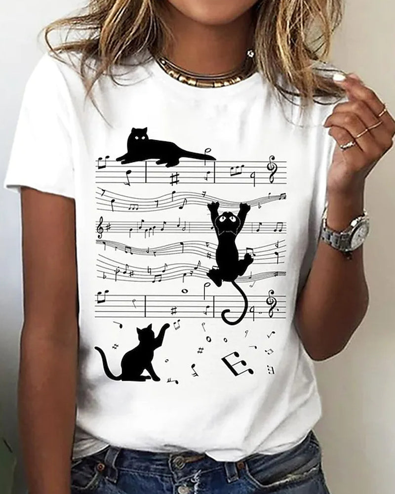 Musical cat print round neck t-shirt