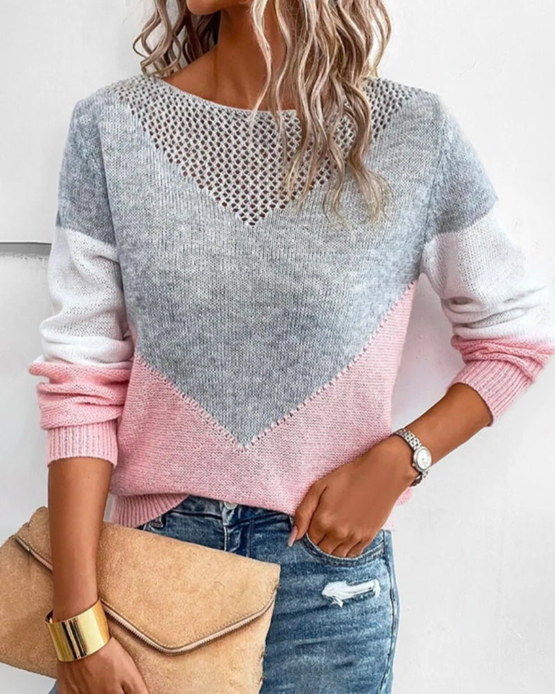 Round neck contrasting hollow sweater