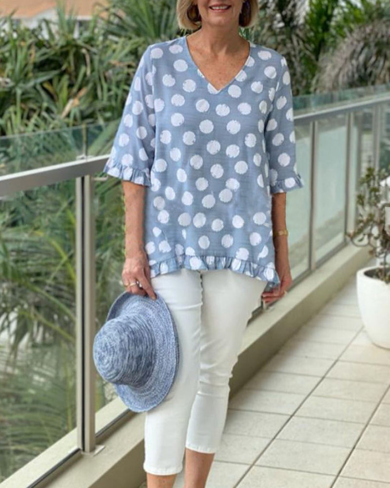 V Neck Polka Dot Print Tops