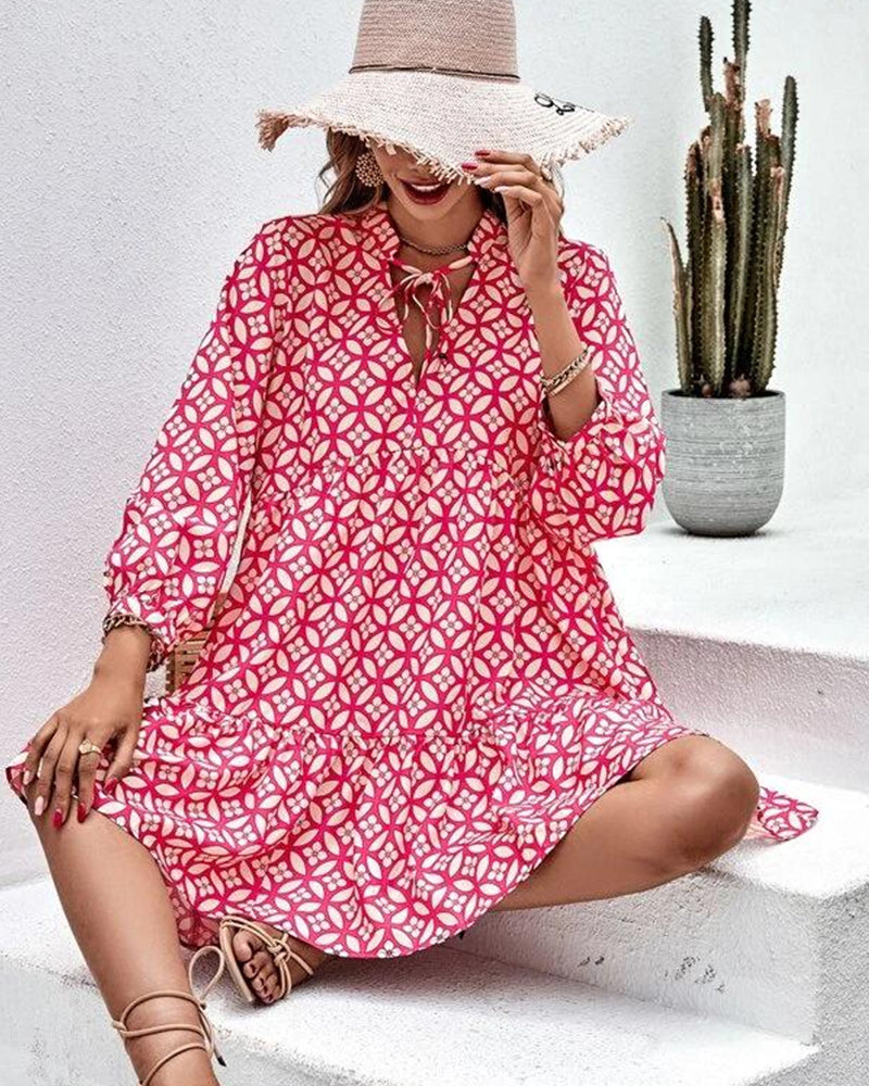 V-neck Long Sleeve Print Dress