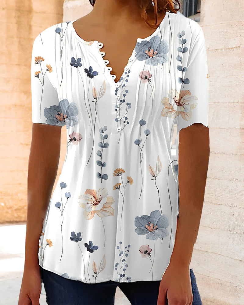 V Neck Button Print Short Sleeve Blouse