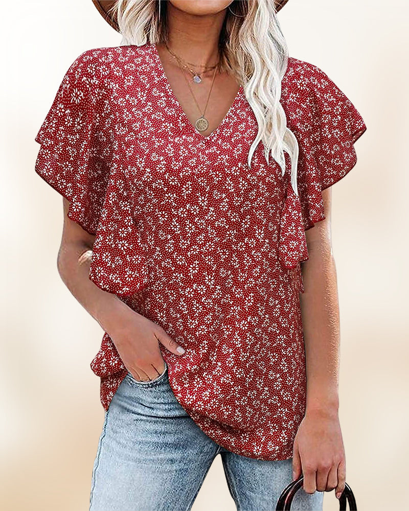 V-neck and flower print short-sleeved blouse