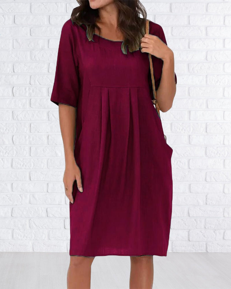 Round Neck Solid Color Dress with Pockets