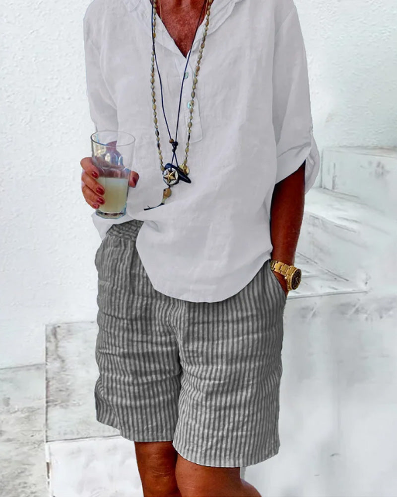 Cotton and linen stripe print shorts