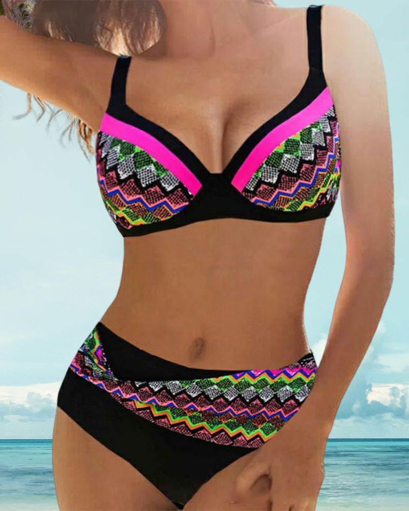 Striped print high waist push up bikini