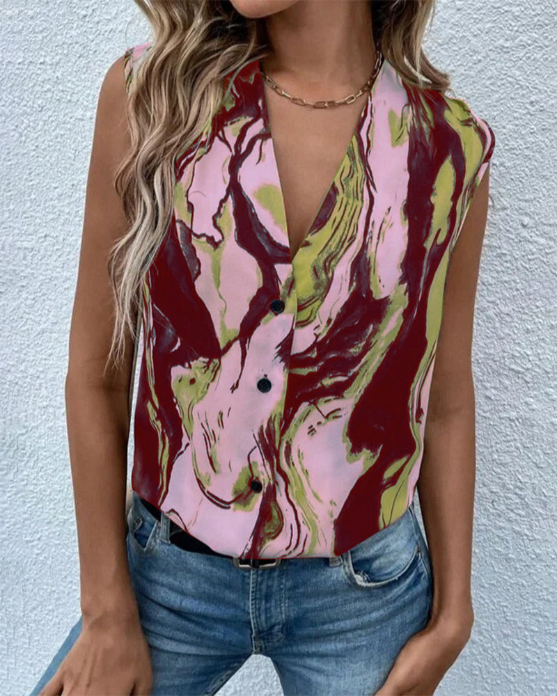 Marble print v neck button top