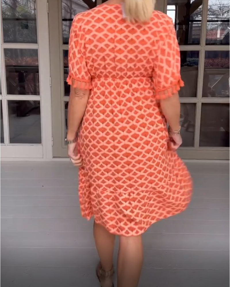 Printed v-neck fringed dress