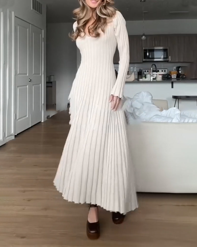 V-neck rib solid color dress