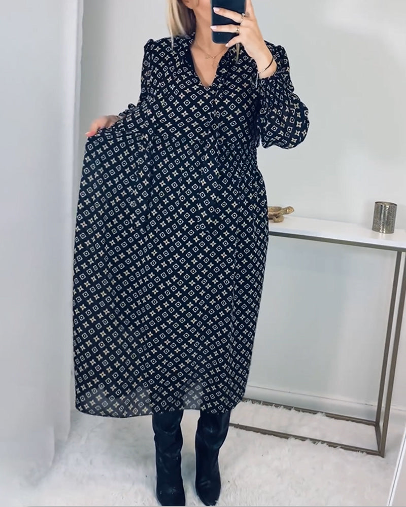 Printed long-sleeved waist dress