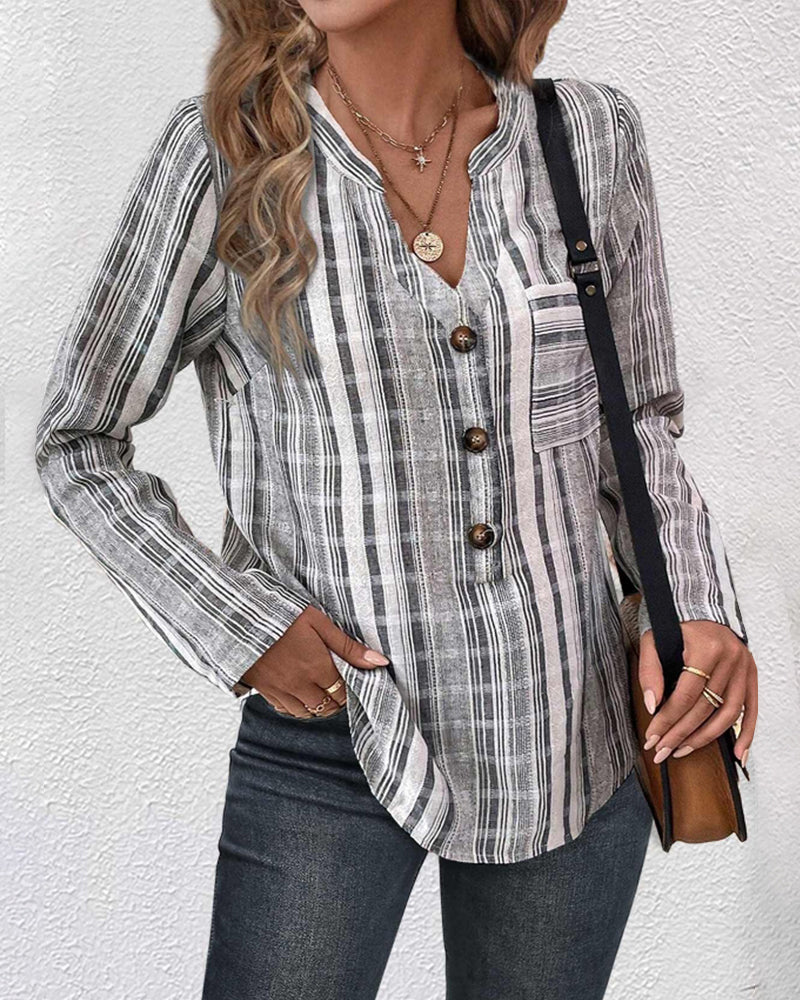 Casual V-neck button-up blouse