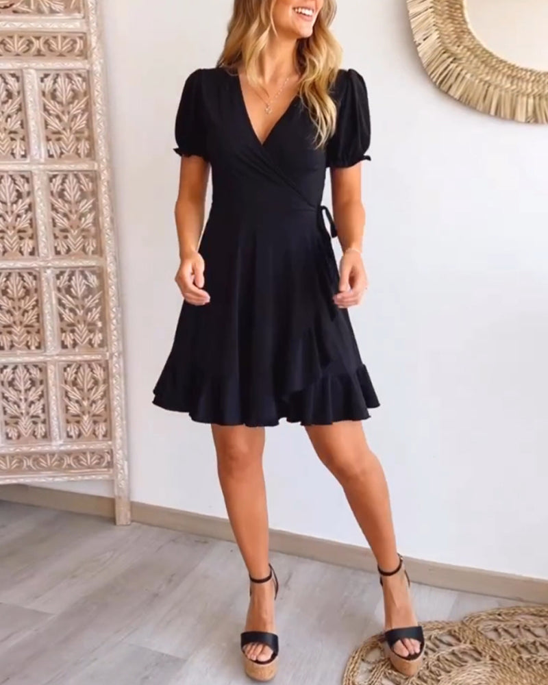V-neck ruffle solid color strappy dress