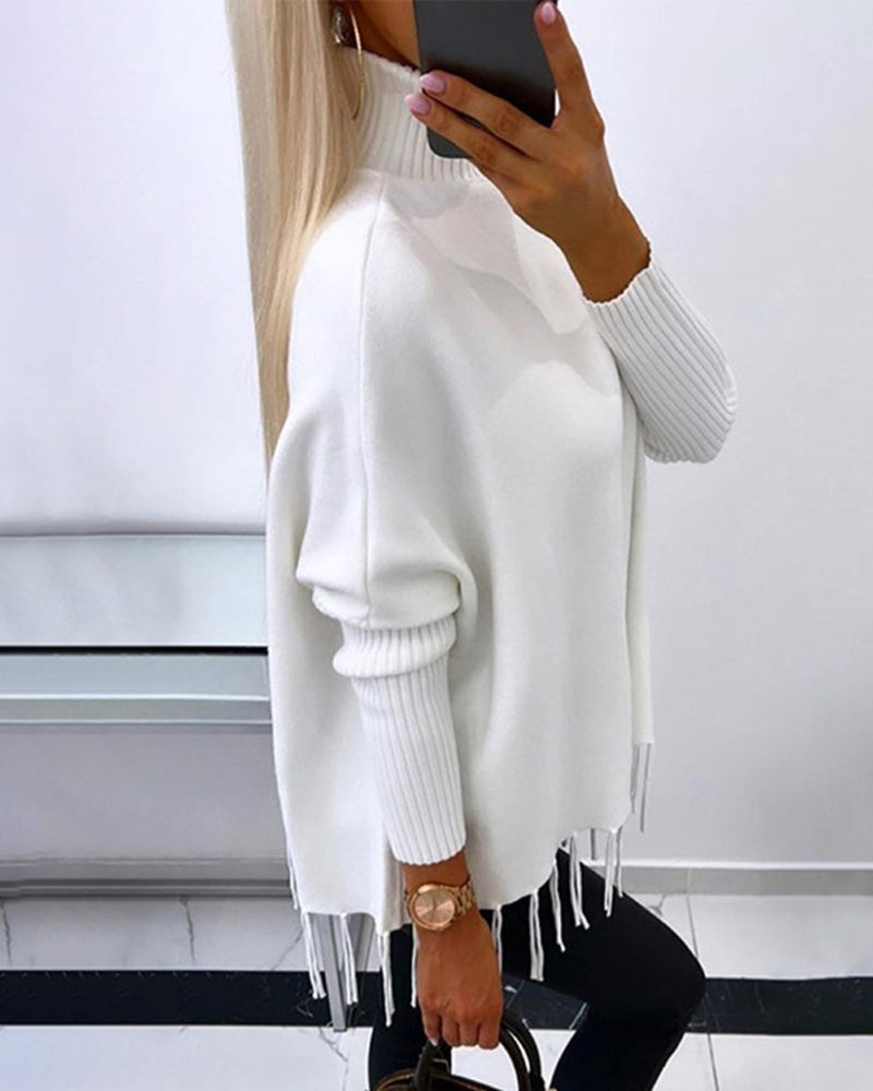 Women's turtleneck fringed pullovers