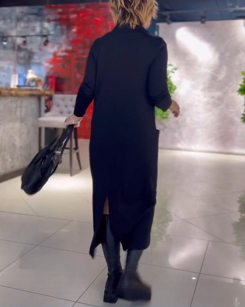 Solid Color Crew Neck Pocket Dress