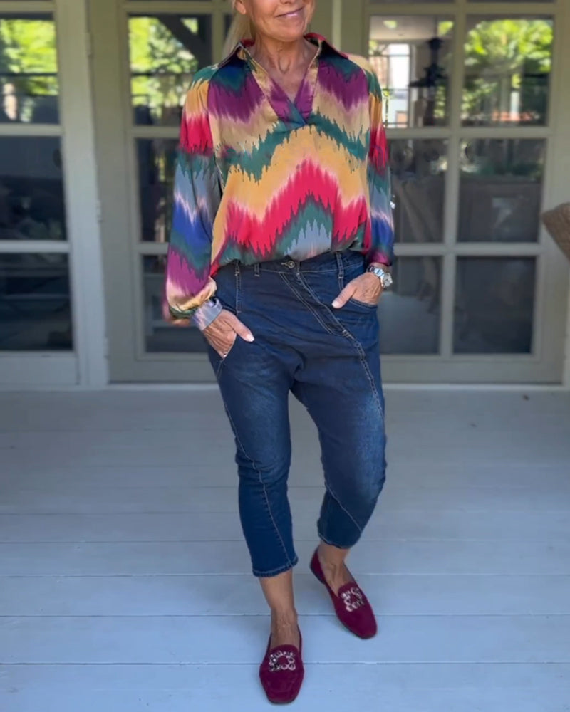 Multicolor Lapel Neck Long Sleeve Top