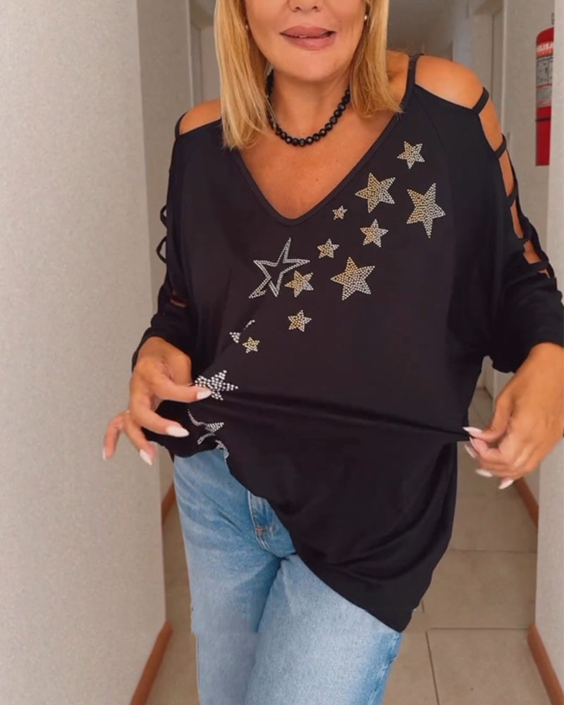 Star print off-the-shoulder cutout top