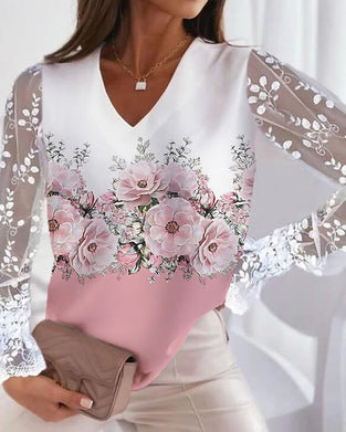 Floral print lace sleeves elegant top