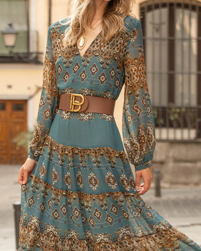 Casual Holiday Ethnic Style V-Neck Dress