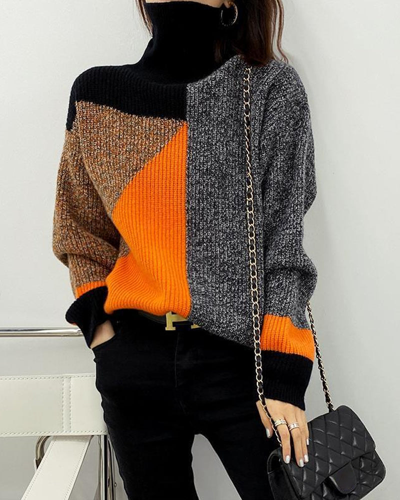 Chic High Neck color block Pullover