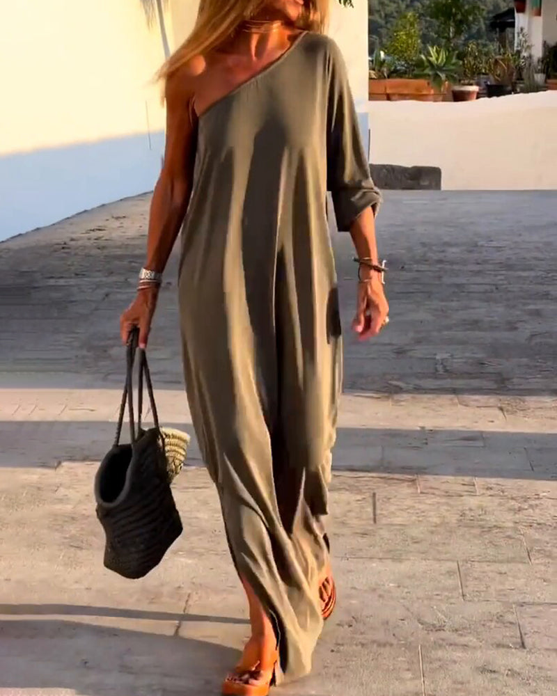 One shoulder sleeve solid color dress