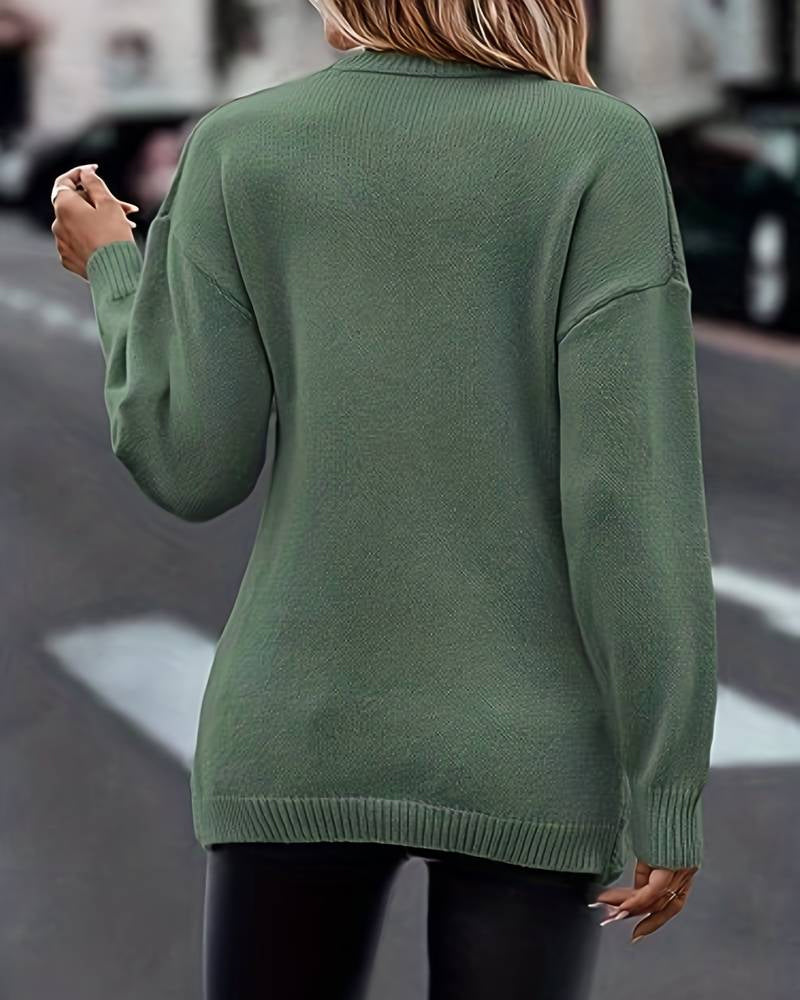 V-Neck Solid Color Long-Sleeved Pullovers