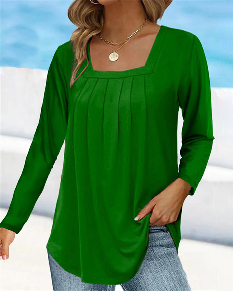 Square neck pleated long sleeve top
