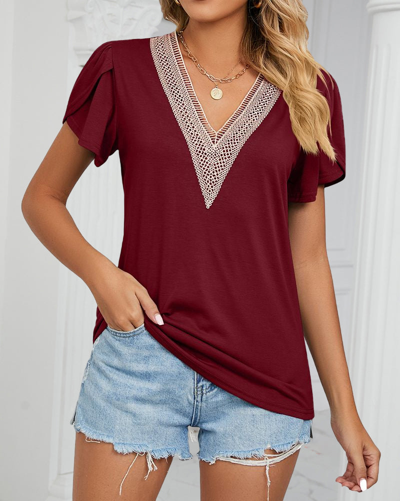 Solid Color T-Shirt with Ruffle Sleeves