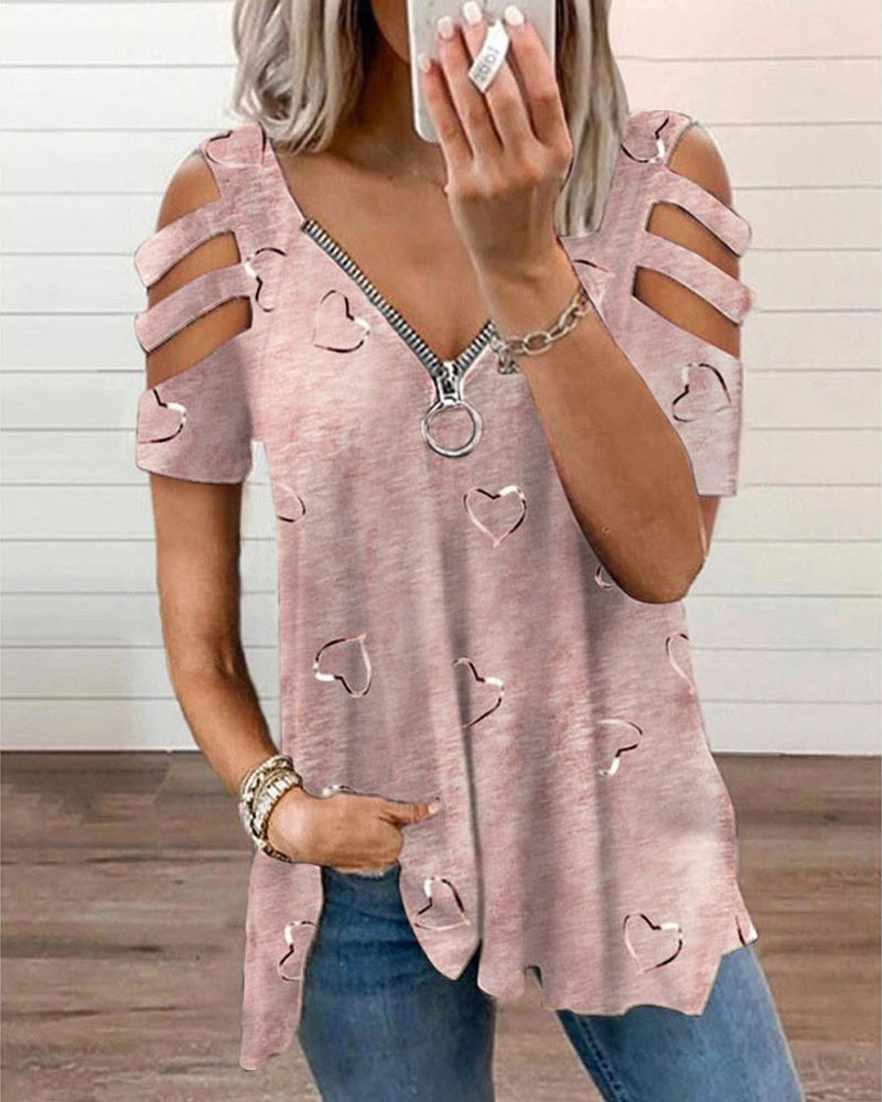 Heart Print Zip Top