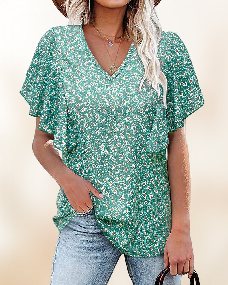 V-neck and flower print short-sleeved blouse