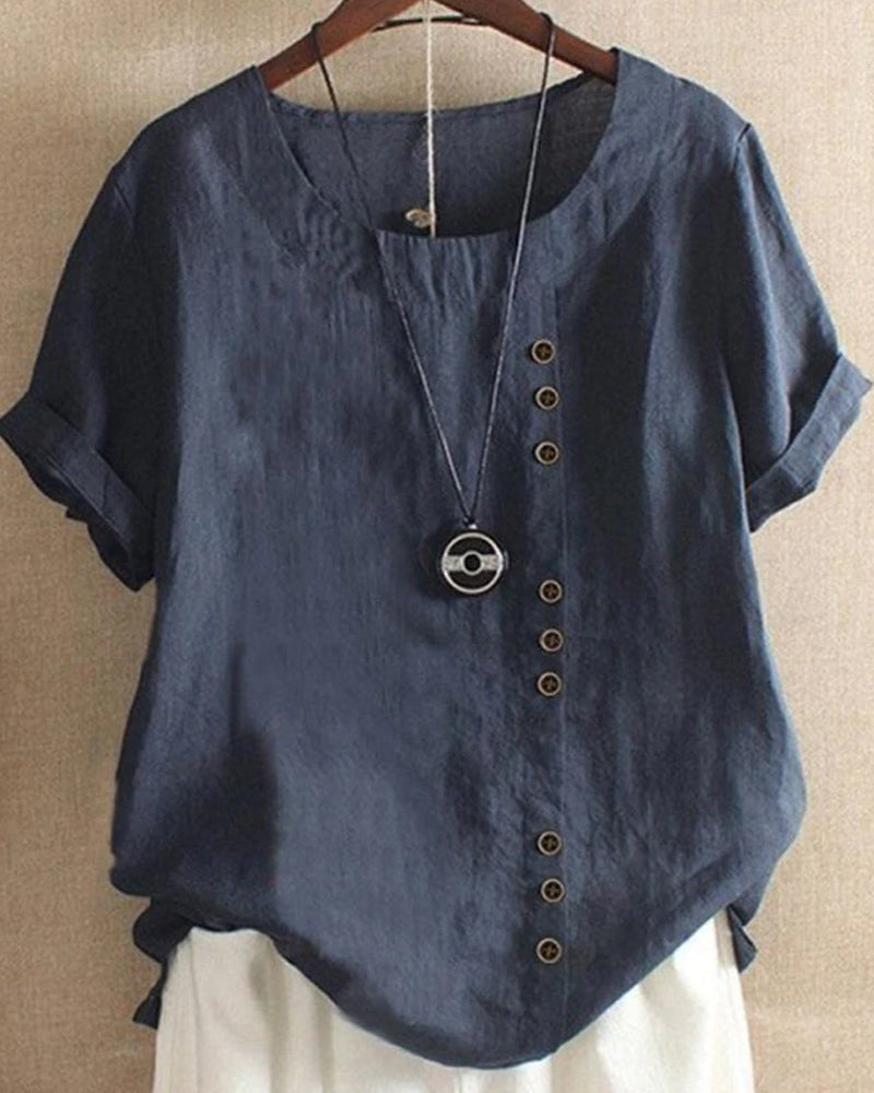 Solid Color Button Short Sleeve Top