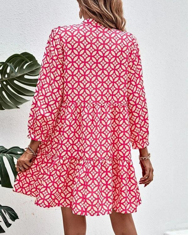 V-neck Long Sleeve Print Dress