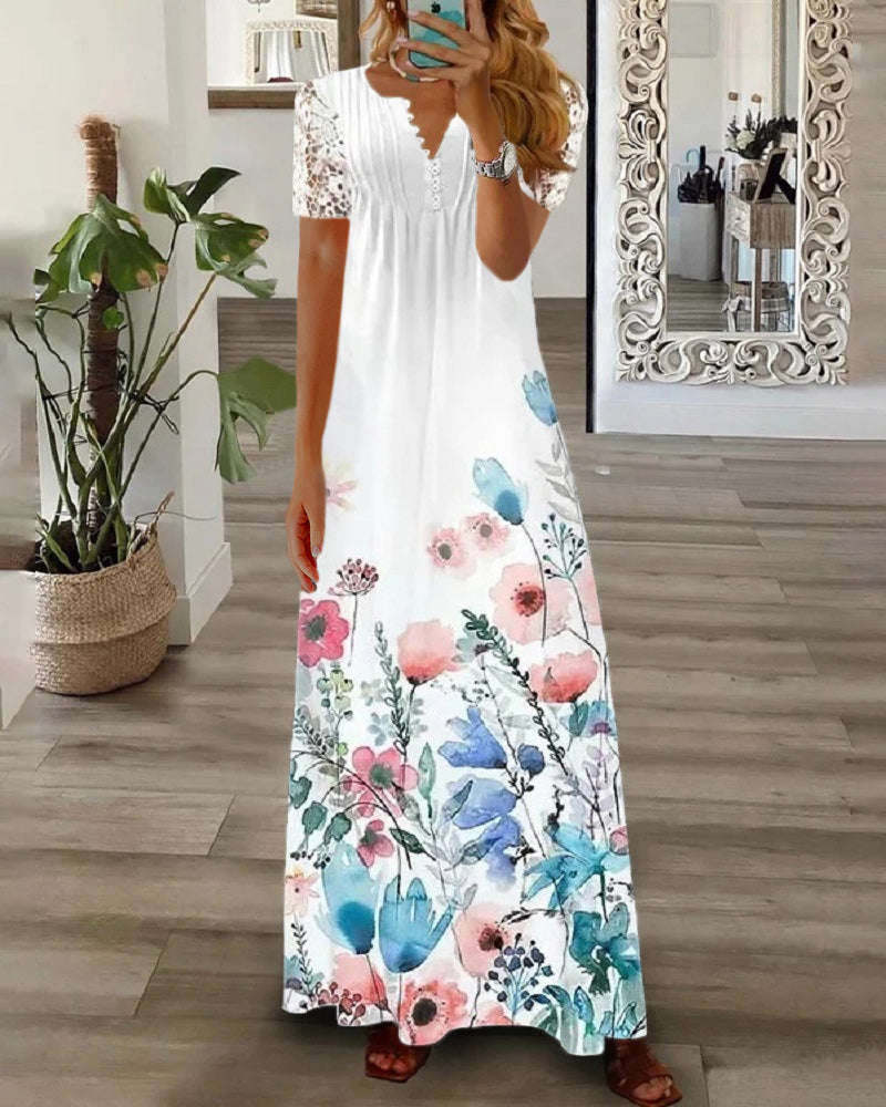 Floral print lace short sleeve long dress